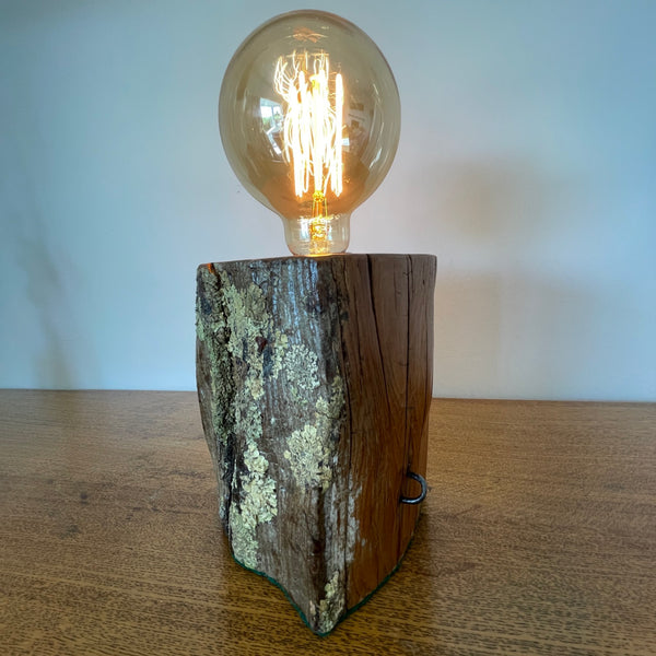 Reclaimed tōtara fence post wood table lamp, with lichen and edison light bulb, crafted by shades at grays.