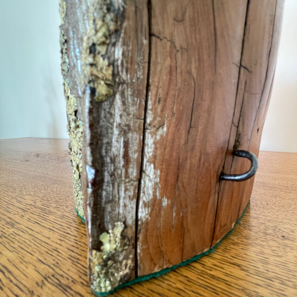 Reclaimed tōtara fence post wood table lamp, with lichen and original staple, crafted by shades at grays.