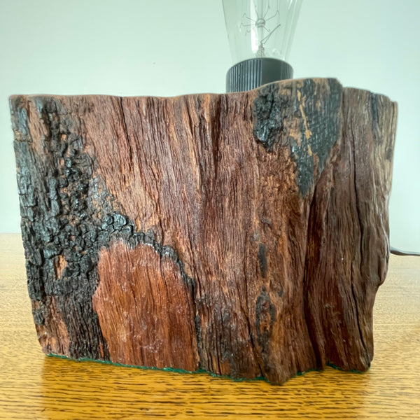 Reclaimed century old wharf timber table lamp created by Shades at Grays, close up of front with tar and erosion marks. 