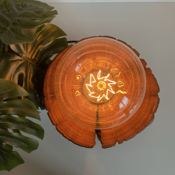 Round wooden table lamp upcycled from authentic telegraph polst with smooth top and edison bulb, top view.