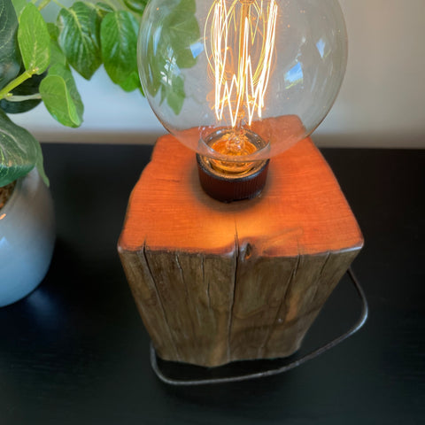 Rustic tōtara fence post crafted into a wood table lamp with replica edison bulb by shades at grays, top view of smooth grain and bulb, lit.