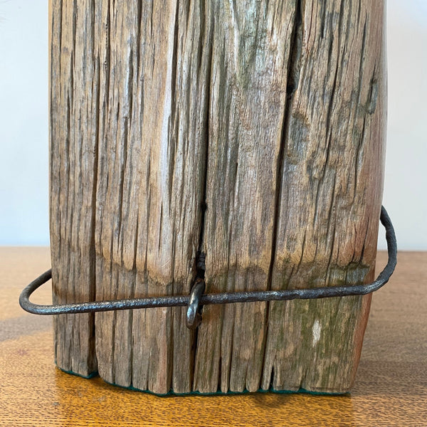 Close up detail of original eroded grooves and authentic wire of tōtara fence post wood lamp handcrafted by shades at grays