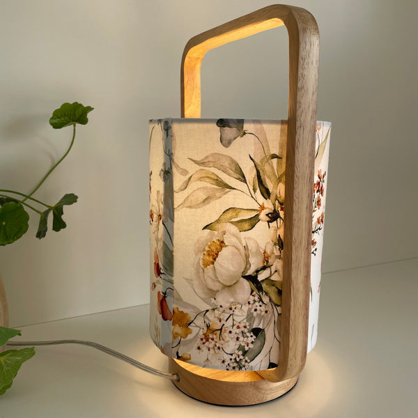 Scandi style table lamp with floral print, crafted by shades at grays, nz, back view.