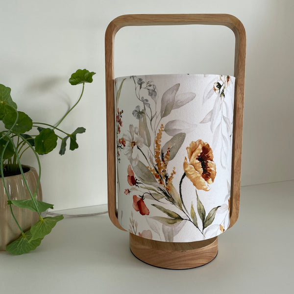 Scandi style table lamp with floral print, crafted by shades at grays, nz, unlit.