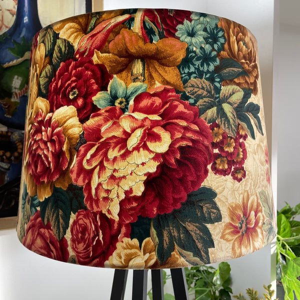 Rich bouquet on bespoke fabric lamp shade.