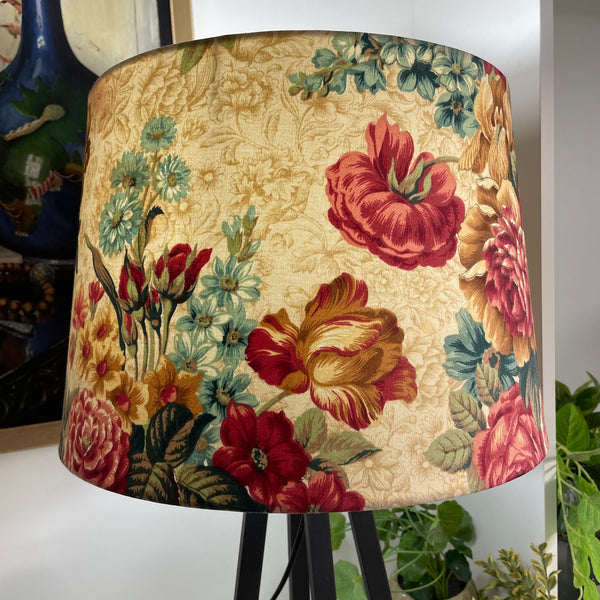 Shade at grays large tapered handcrafted fabric lamp shade, lit, made in new zealand.