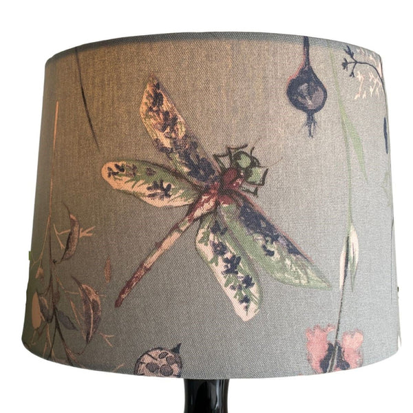 Dragonfly grey fabric pattern on handcrafted lamp shade, shades at grays, new zealand.