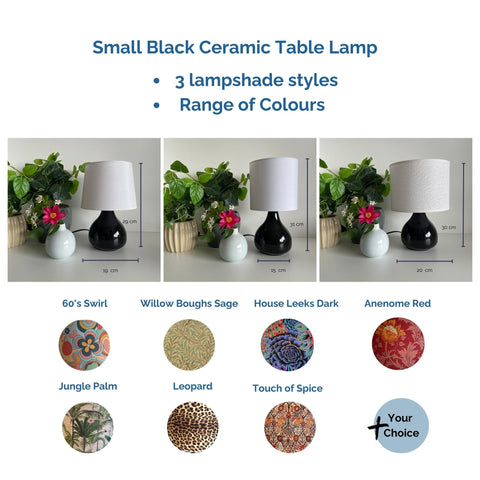 Small black table lamp with 3 lampshade styles and range of patterns by shades at grays