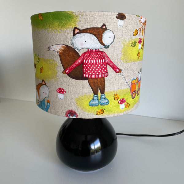 Small drum lampshade in fox fabric, handcrafted by shades at grays, NZ.