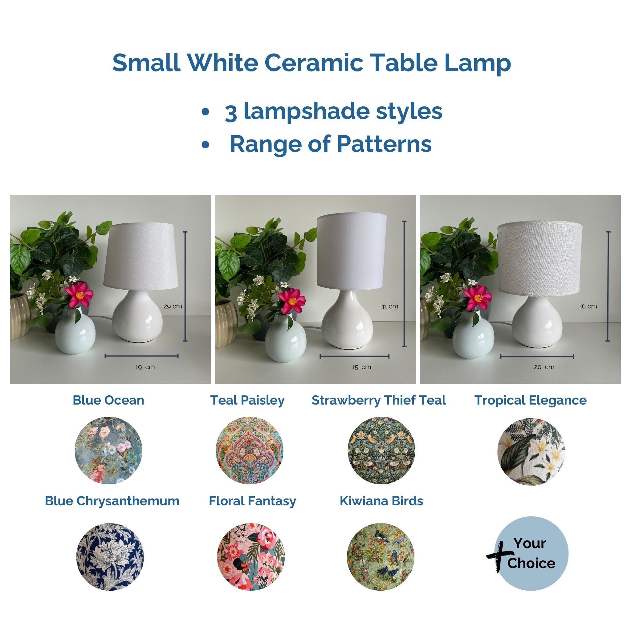 Small white ceramic lamp with 3 styles of lampshades and a range of patterned shades, made by shades at grays.