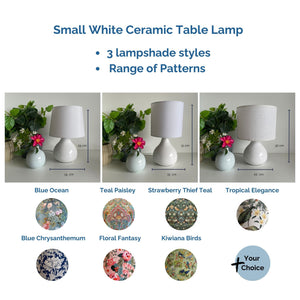 Small white ceramic lamp with 3 styles of lampshades and a range of patterned shades, made by shades at grays.