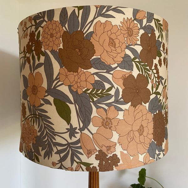 Mid century floral print on large drum lamp shade, hand made by shades at grays, made in nz, unlit.