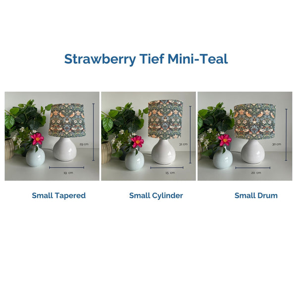 Strawberry thief mini-teal lampshades on small white ceramic base by shades at grays