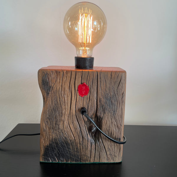 Table lamp crafted from original wharf timber by shades at grays nz, back view.