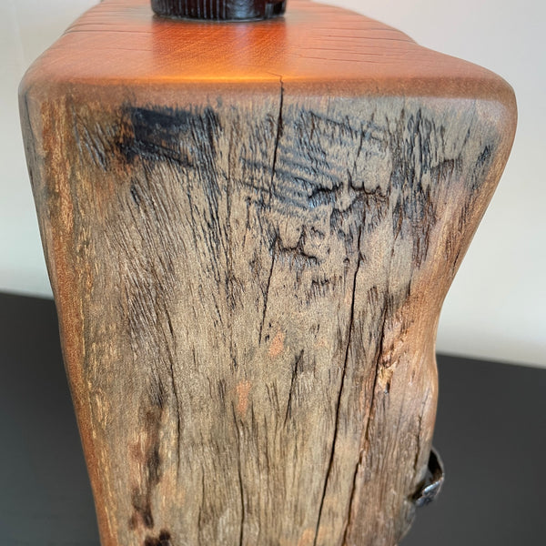 Table lamp crafted from original wharf timber by shades at grays nz, close up of wood grain on side.