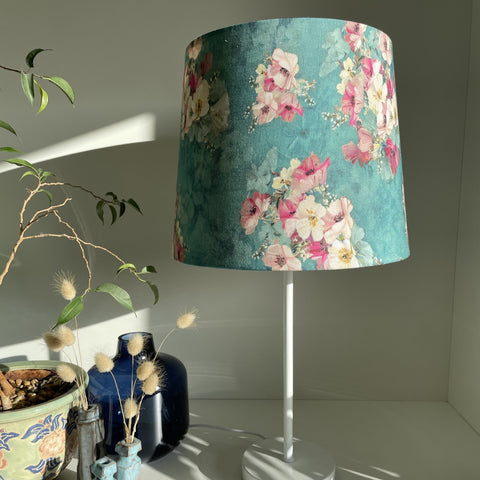 Tapered 23 fabric light shade on white stand, hand crafted by Shades at Grays