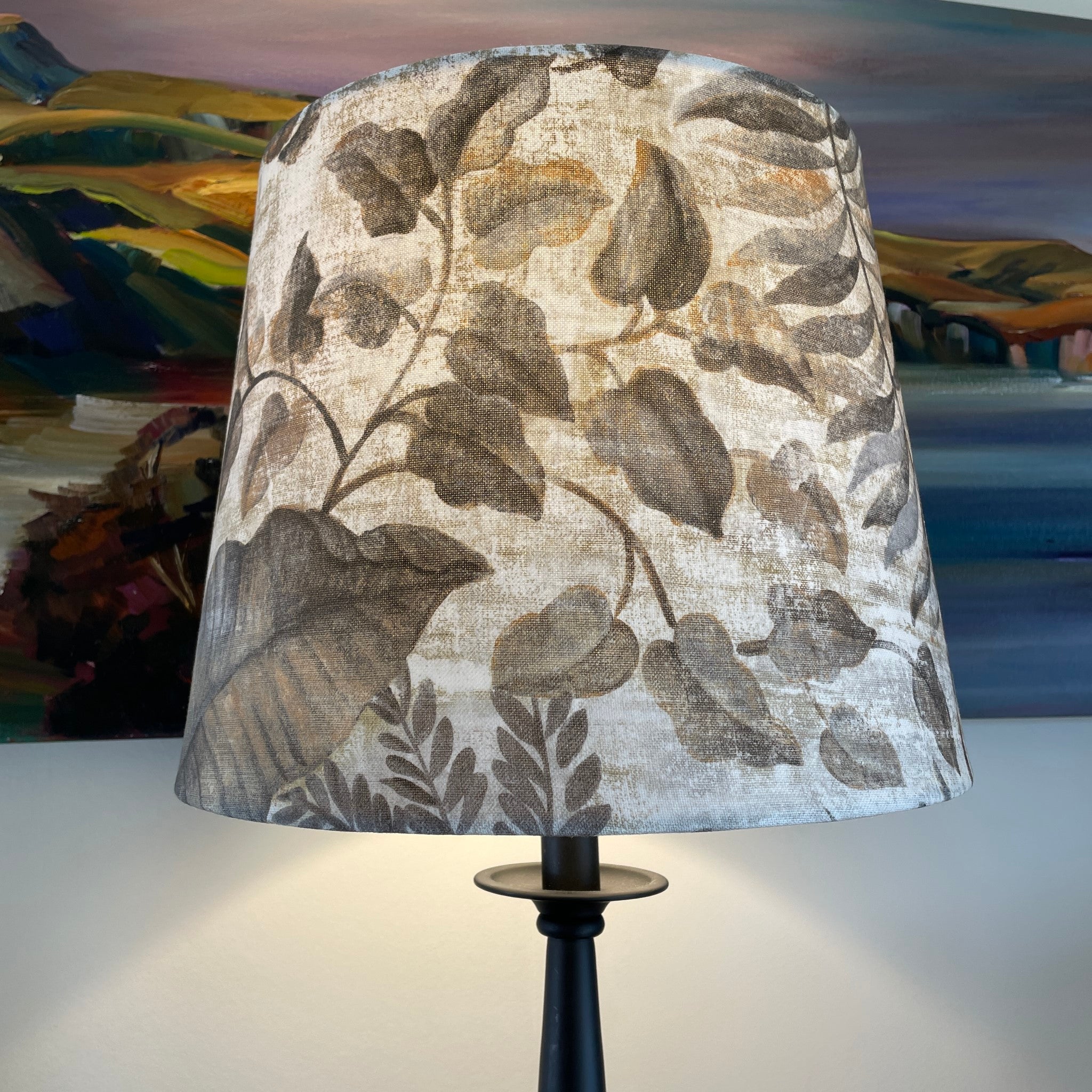  Large tapered fabric lamp shade, lit.