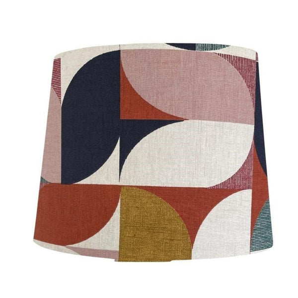 Tapered style lampshade in bold and beautiful fabric based on geometric pattern, close up, handcrafted by shades at grays.