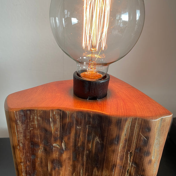 Tortoiseshell markings on old tōtara fence post upcycled to unique wood lamp, close up.