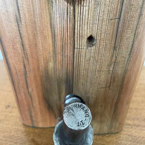 Tōtara Fence Post Lamp, close up of 'hang it' hinge, handcrafted by shades at grays.