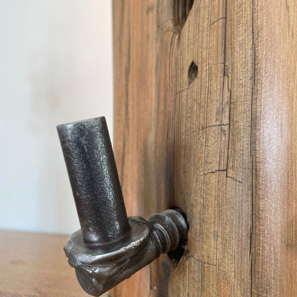 Tōtara Fence Post Lamp with Hinge and replica edison bulb, close up of hinge and polished front grain, handcrafted by shades at grays.