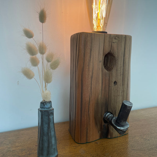 Tōtara Fence Post Lamp with Hinge and replica edison bulb, front view, handcrafted by shades at grays.