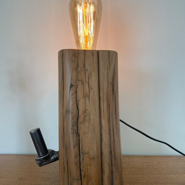 Tōtara Fence Post Lamp with Hinge and replica edison bulb, side view, handcrafted by shades at grays.