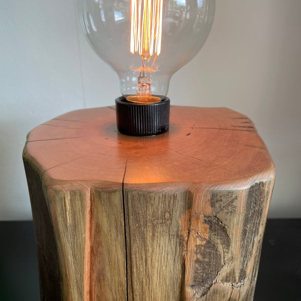 Tōtara fence post table lamp from Shades at Grays  close up of polished top and front view, with axe marks and edison bulb, lit.