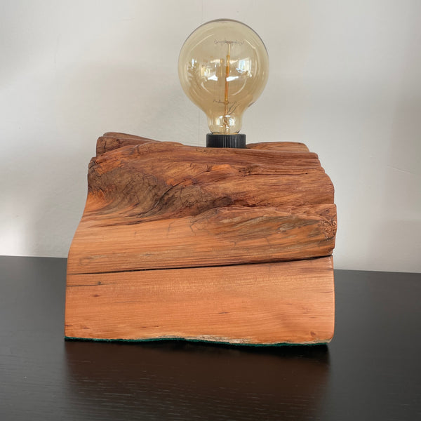 Totara wood lamp crafted by shades at grays, polished to smooth finish, back view, unlit.