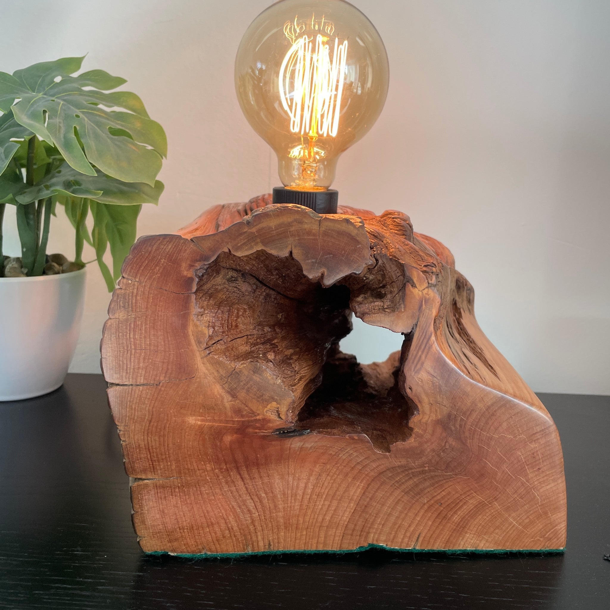 Totara wood lamp crafted by shades at grays, polished to smooth finish with large eroded jagged hole, left side view, lit.