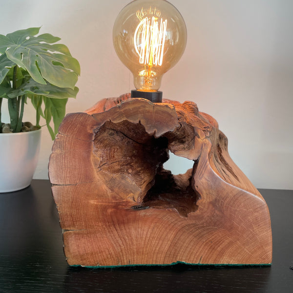 Totara wood lamp crafted by shades at grays, polished to smooth finish with large eroded jagged hole, left side view, lit.