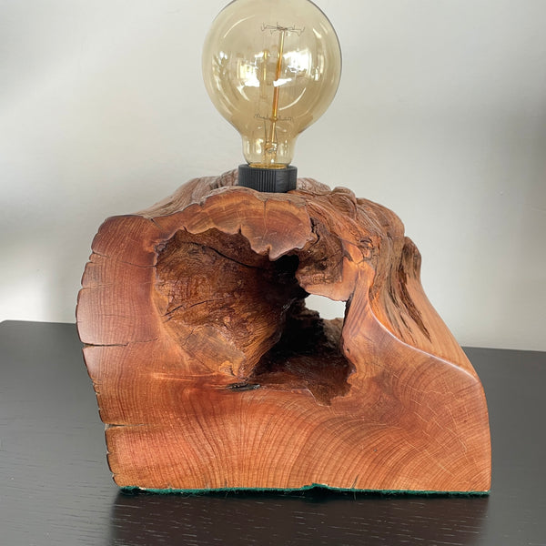 Totara wood lamp crafted by shades at grays, polished to smooth finish with large eroded jagged hole, left side view, unlit.