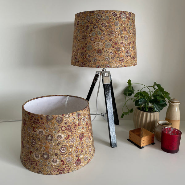 Two tapered 24 lamp shades with eastern paisely fabric, handcrafted by Shades at Grays