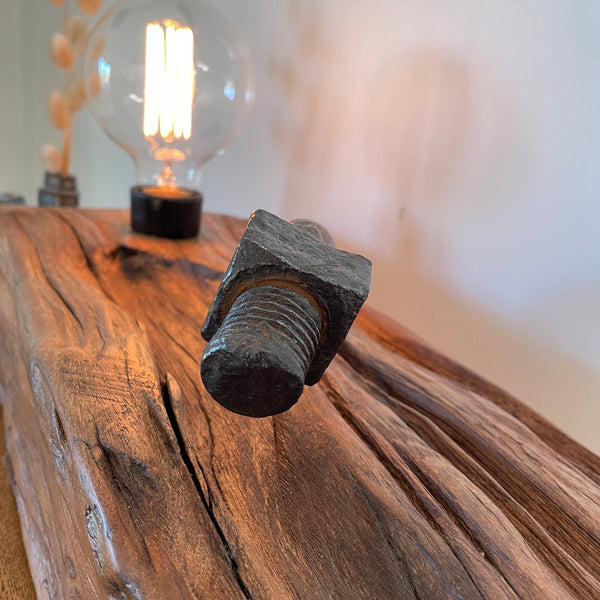 Wood lamp from 100 year old reclaimed wharf timber, with large original bolt, close up, crafted by shades at grays