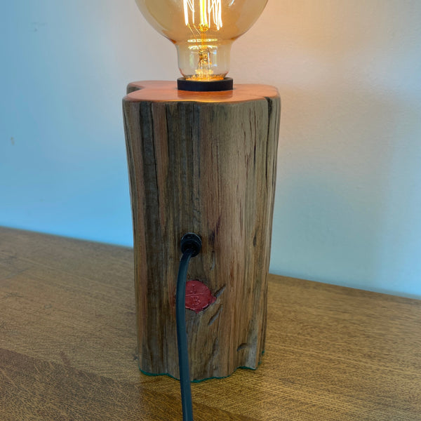 Upcycled tōtara fence post, with distinctive lichen pattern, handcrafted in to heritage wood table lamp by shades at grays, back view.