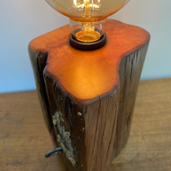 Upcycled tōtara fence post, with distinctive lichen pattern, handcrafted in to heritage wood table lamp by shades at grays, close up of smmoth top.