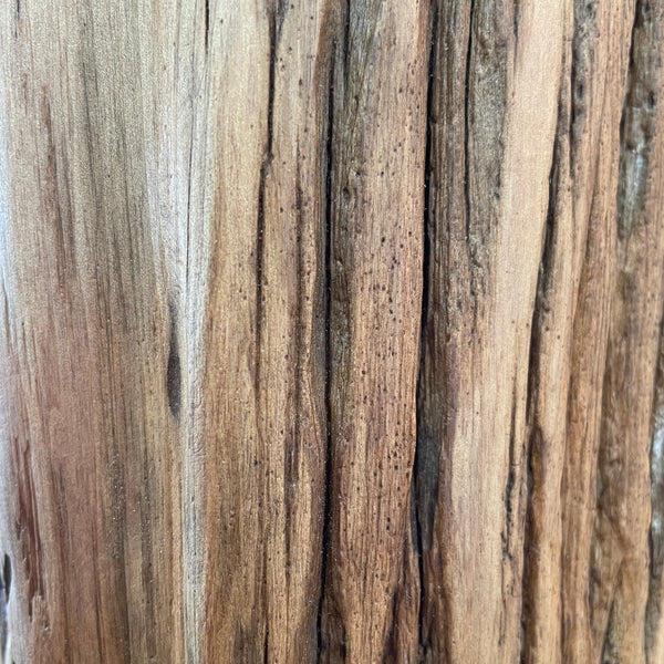 Upcycled tōtara fence post, with distinctive lichen pattern, handcrafted in to heritage wood table lamp by shades at grays, close up of wood grain.