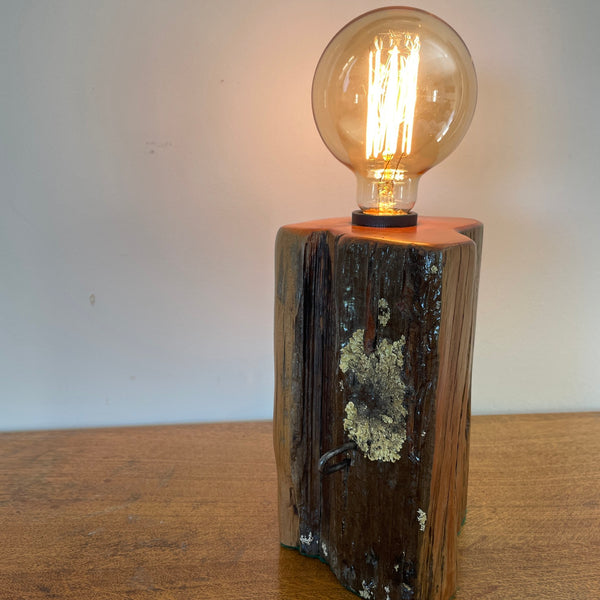 Upcycled tōtara fence post, with distinctive lichen pattern, handcrafted in to heritage wood table lamp by shades at grays, front and side view.