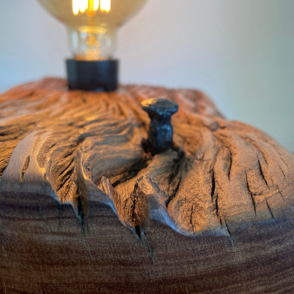 Upcycled wharf timber table lamp, handcrafted by shades at grays, side view of smooth end grain, polished with natural bees wax.