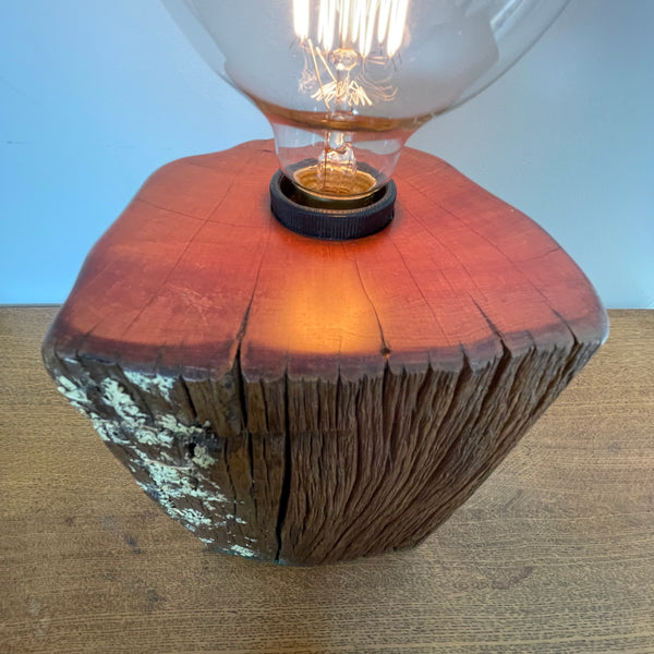 Upcycled wood lamp handcrafted by shades at grays from vintage totara post with lichen, close up of top and front sides, lit.