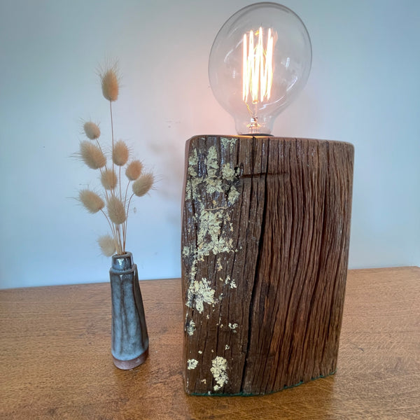 Upcycled wood lamp handcrafted by shades at grays from vintage totara post with lichen on left hand side, lit.