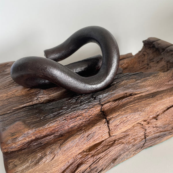 Wharf timber art piece or door stop with railway iron, close up of contours and colours retained in the wood, crafted  by shades at grays.