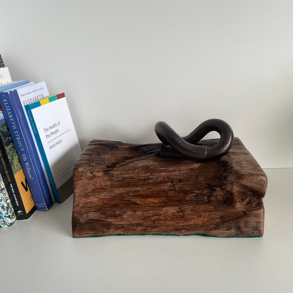 Wharf timber art piece or door stop with railway iron, crafted  by shades at grays.