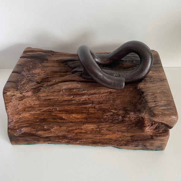 Wharf timber art piece or door stop with railway iron, front view, crafted  by shades at grays.