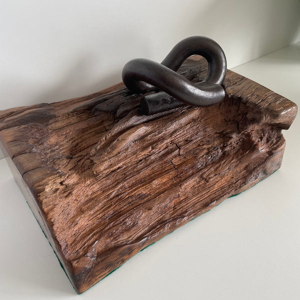 Wharf timber art piece or door stop with railway iron, natural erosion cleaned and polished with beeswax, crafted  by shades at grays.