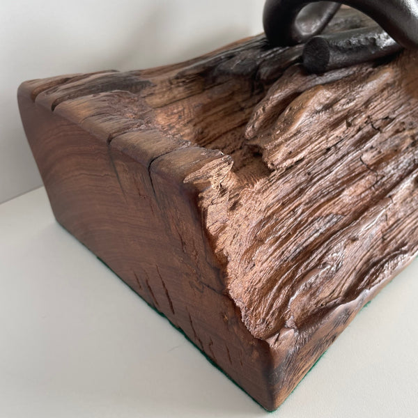 Wharf timber art piece or door stop with railway iron, smooth left side, crafted  by shades at grays.