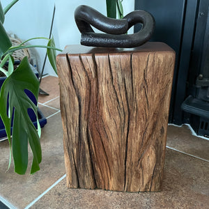 Wharf timber door stop with vintage railway iron, natural erosion grooves, upcycled by shades at grays.