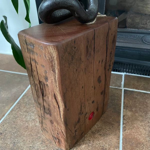 Wharf timber door stop with vintage railway iron, natural erosion grooves, upcycled by shades at grays, back view and left side.