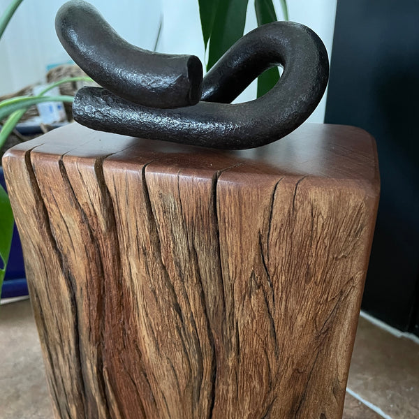 Wharf timber door stop with vintage railway iron, natural erosion grooves, upcycled by shades at grays, close up of smooth top and live edge.