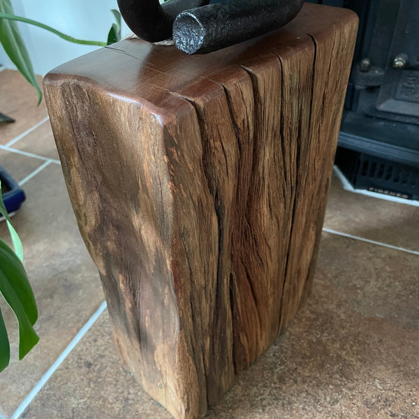 Wharf timber door stop with vintage railway iron, natural erosion grooves, upcycled by shades at grays front and right side view.